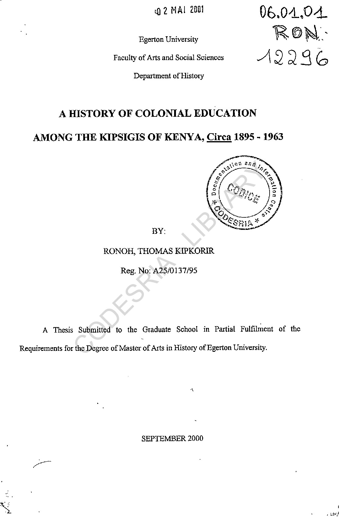 A history of colonial education: among the kipsigis of Kenya, circa 1895 - 1963