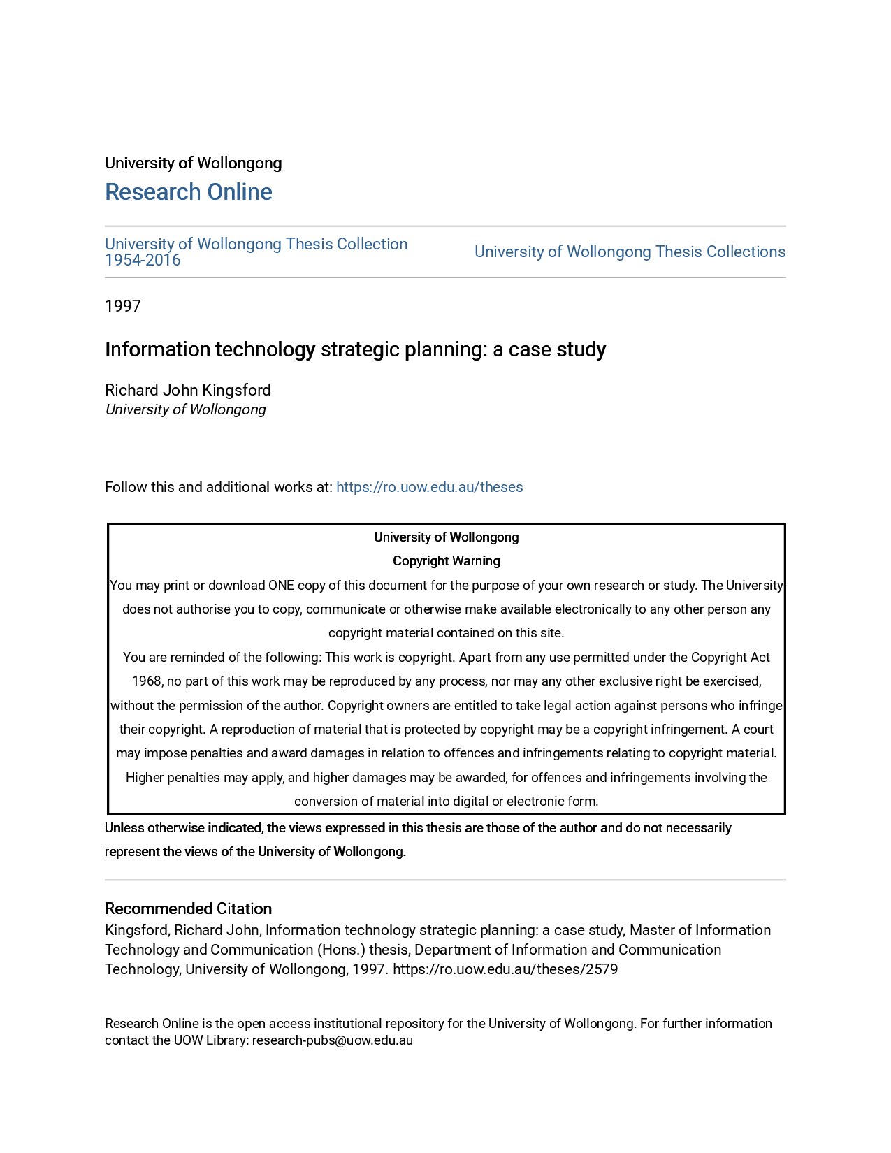 Information technology strategic planning: a case study