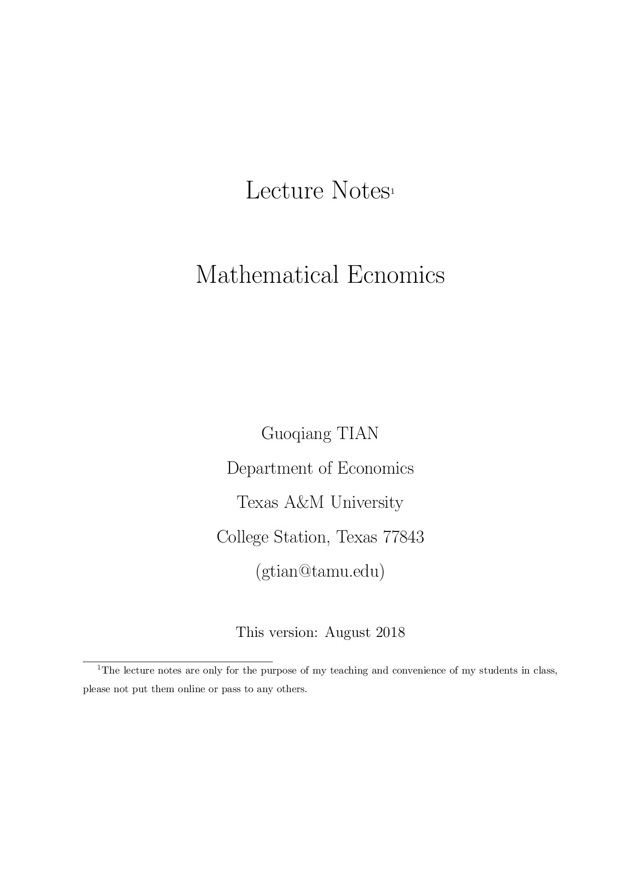 Mathematical Economics_Lecture Notes by Guoqiang Tian