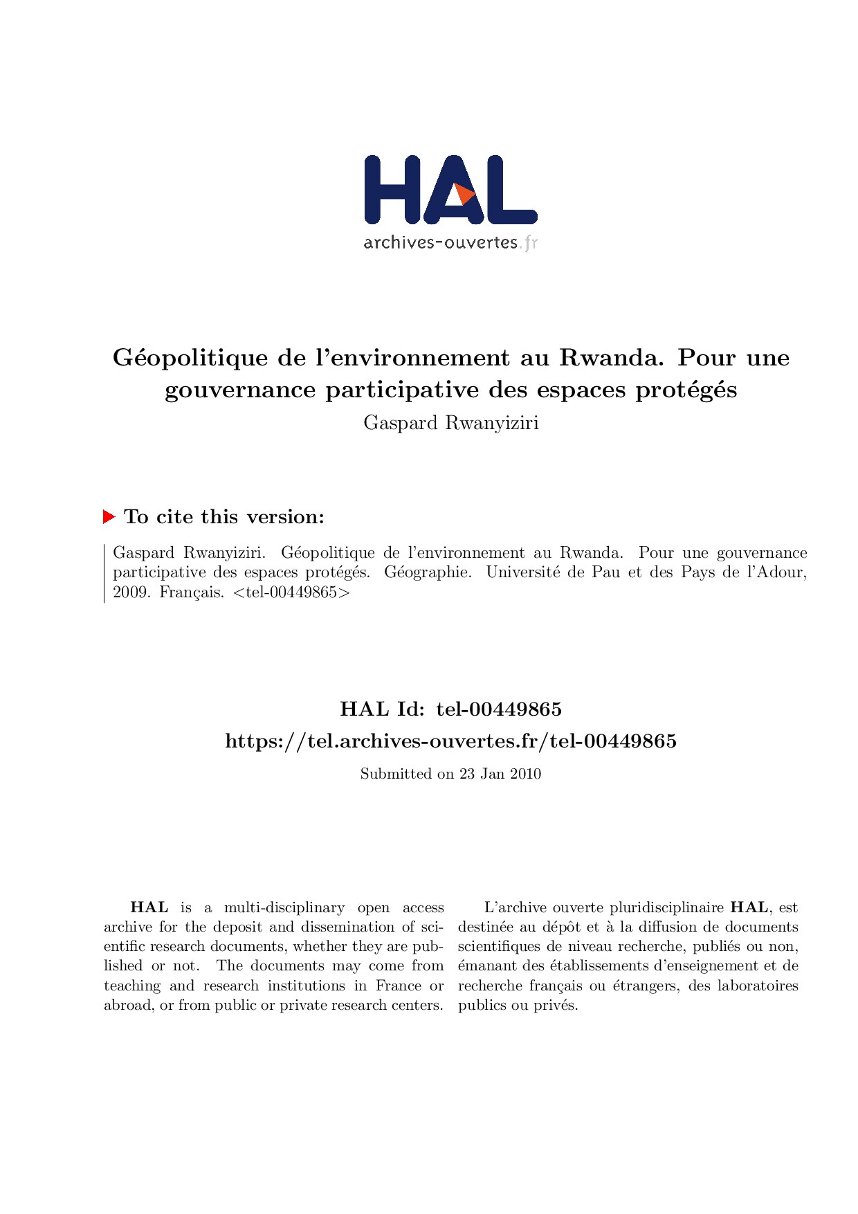 Géopolitique de l'environnement au Rwanda. Pour une gouvernance participative des espaces protégés