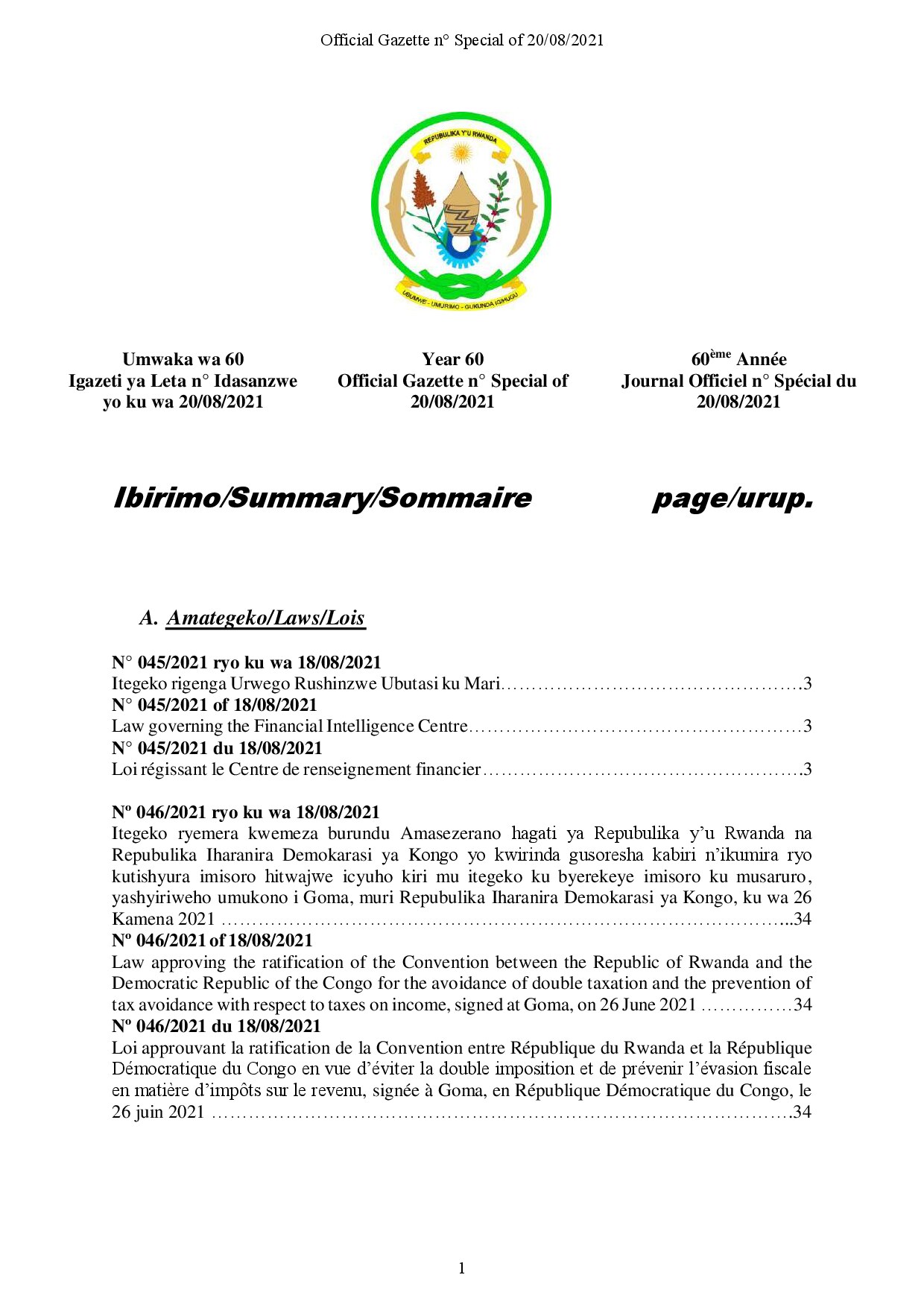 Law approving the ratification of the avoidance of double taxation Rwanda and DRC