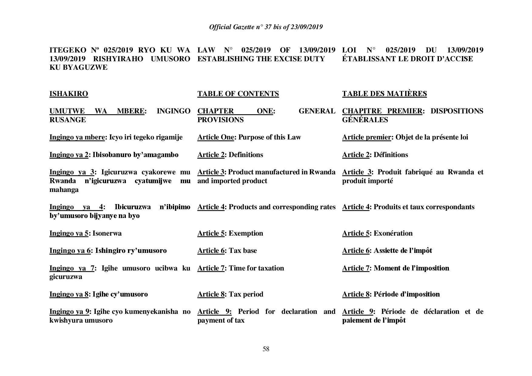 Law establishing The Excise Duty Law in Rwanda