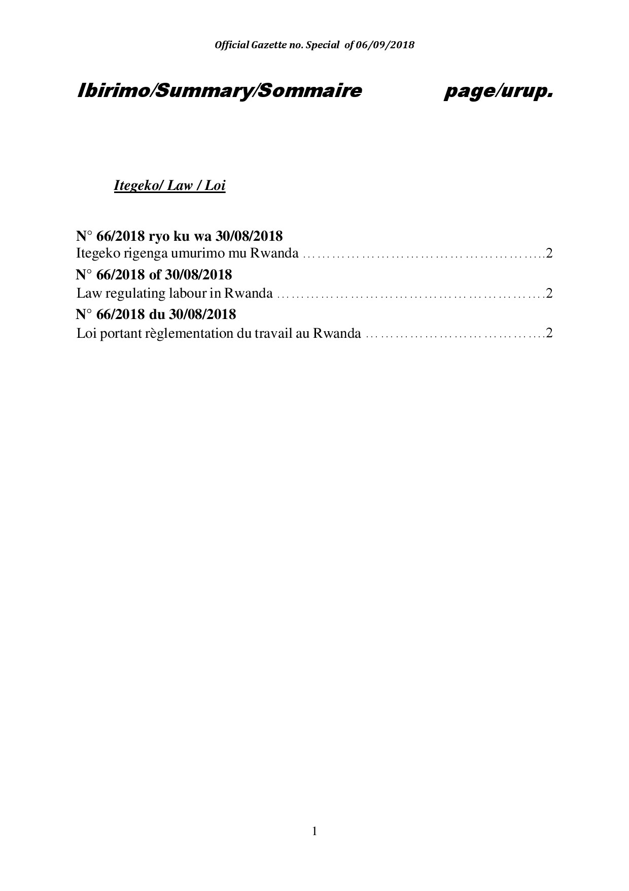 Law N° 66 2018 of 30 08 2018 regulating labour in Rwanda