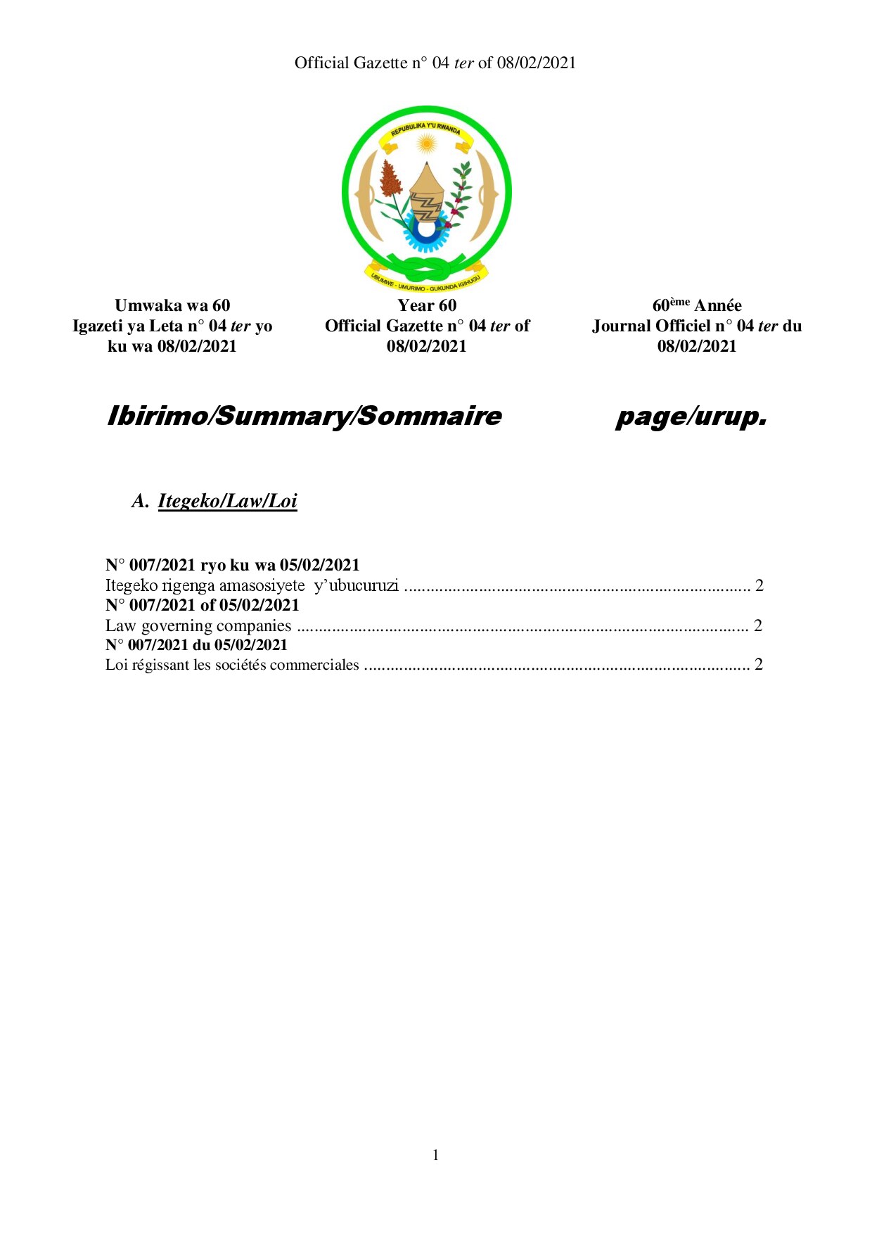 Law N°007 2021 of 05 02 2021 governing companies in Rwanda