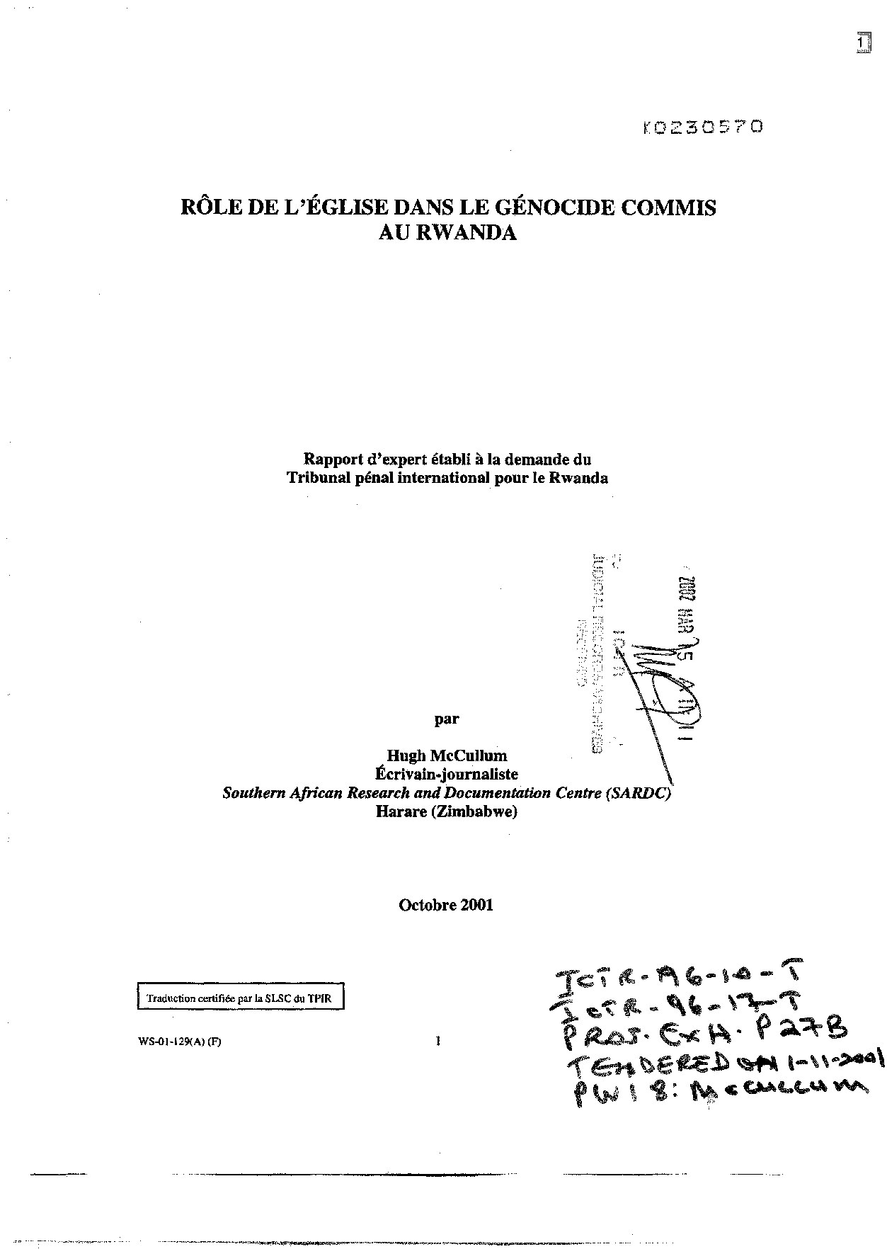 NTAKIRUTIMANA - ROLE DE LEGLISE DANS LE ~PORT DEXPERT ETABLI A LA DEMANDE DU TRIBUNAL PENAL INTERNATIONAL POUR LE RWANDA(1)