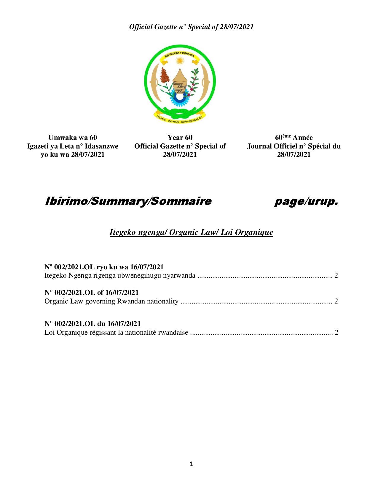 Organic Law N° 002 2021 OL of 16 07 2021 governing Rwandan nationality