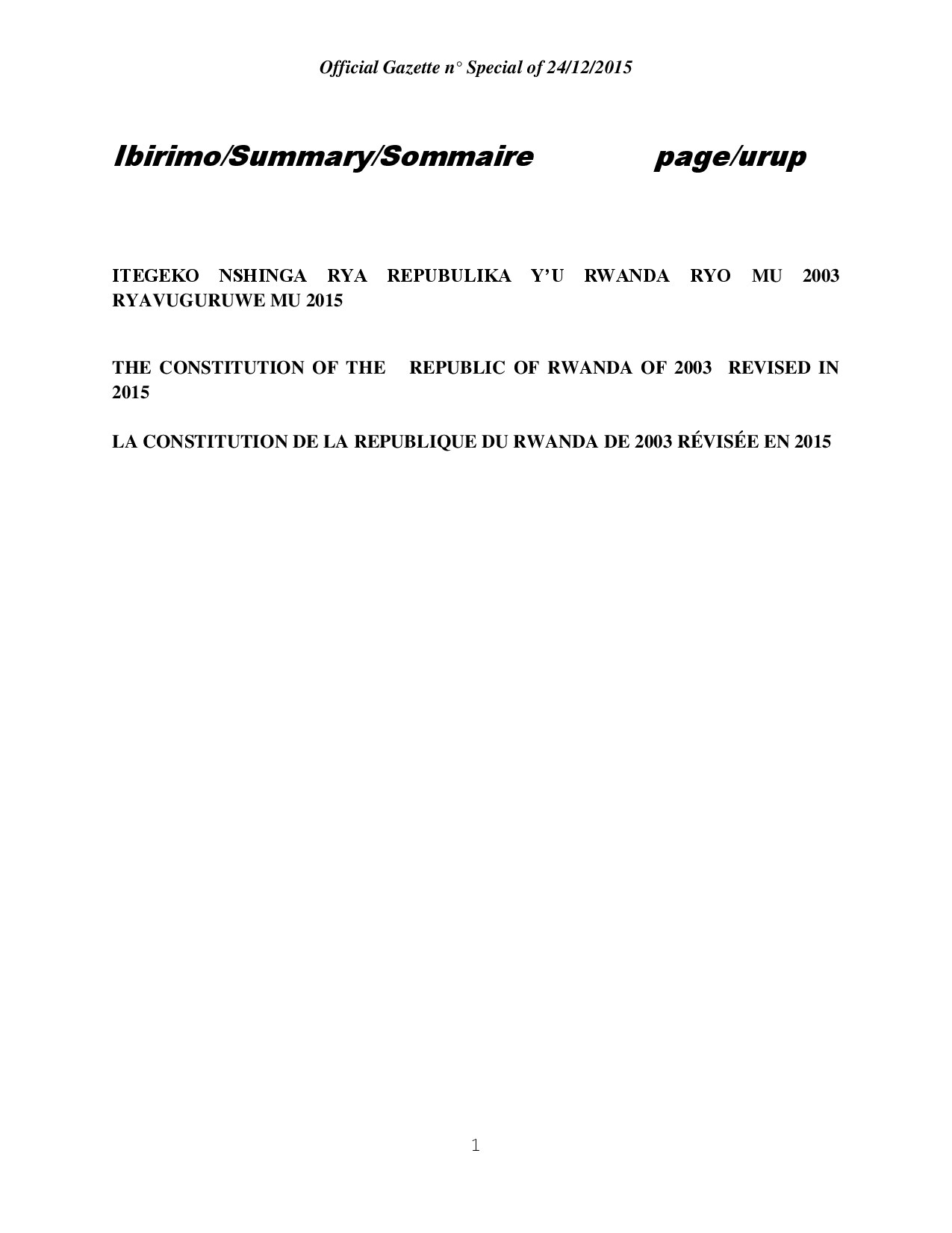 The Constitution of the Republic of Rwanda of 2003 Revised In 2015